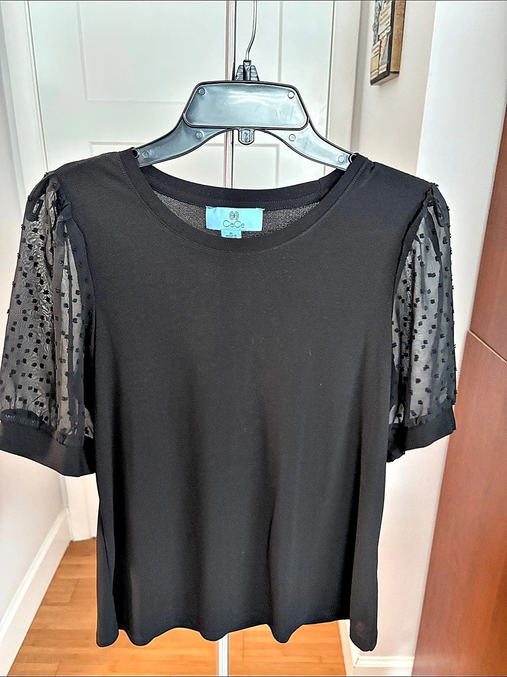 CeCe Swiss Dot Puff Sleeve Knit Top Black Medium